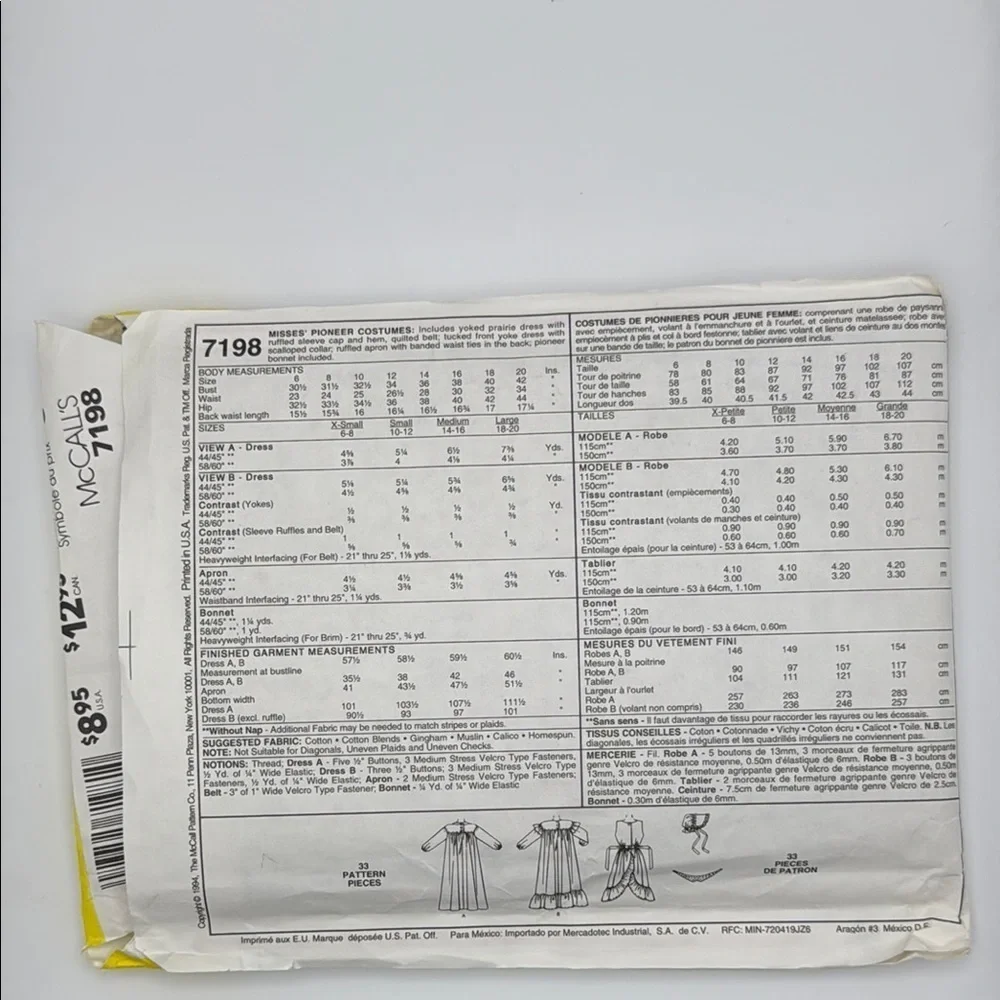 McCall's Westward Ho Pioneer Costumes Pattern 7198 Size Ex-Small (6,8)